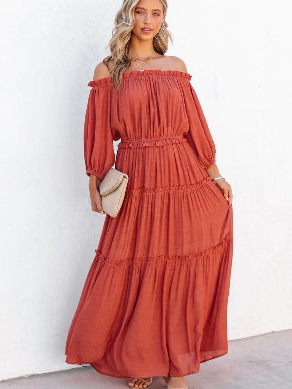Orange Balloon Sleeve Off-Shoulder Maxi Dress with Cutout Detail