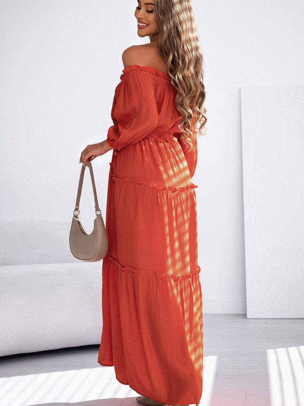 Orange Balloon Sleeve Off-Shoulder Maxi Dress with Cutout Detail