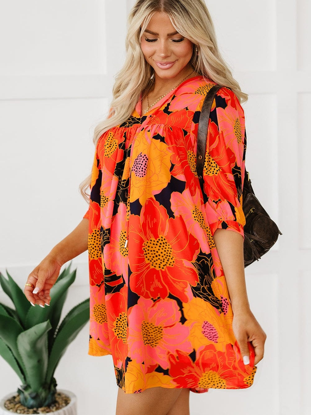 Orange Blooming Blossom 3/4 Sleeve Babydoll Mini Dress