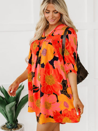 Orange Blooming Blossom 3/4 Sleeve Babydoll Mini Dress