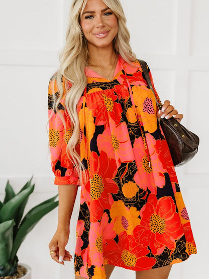 Orange Blooming Blossom 3/4 Sleeve Babydoll Mini Dress