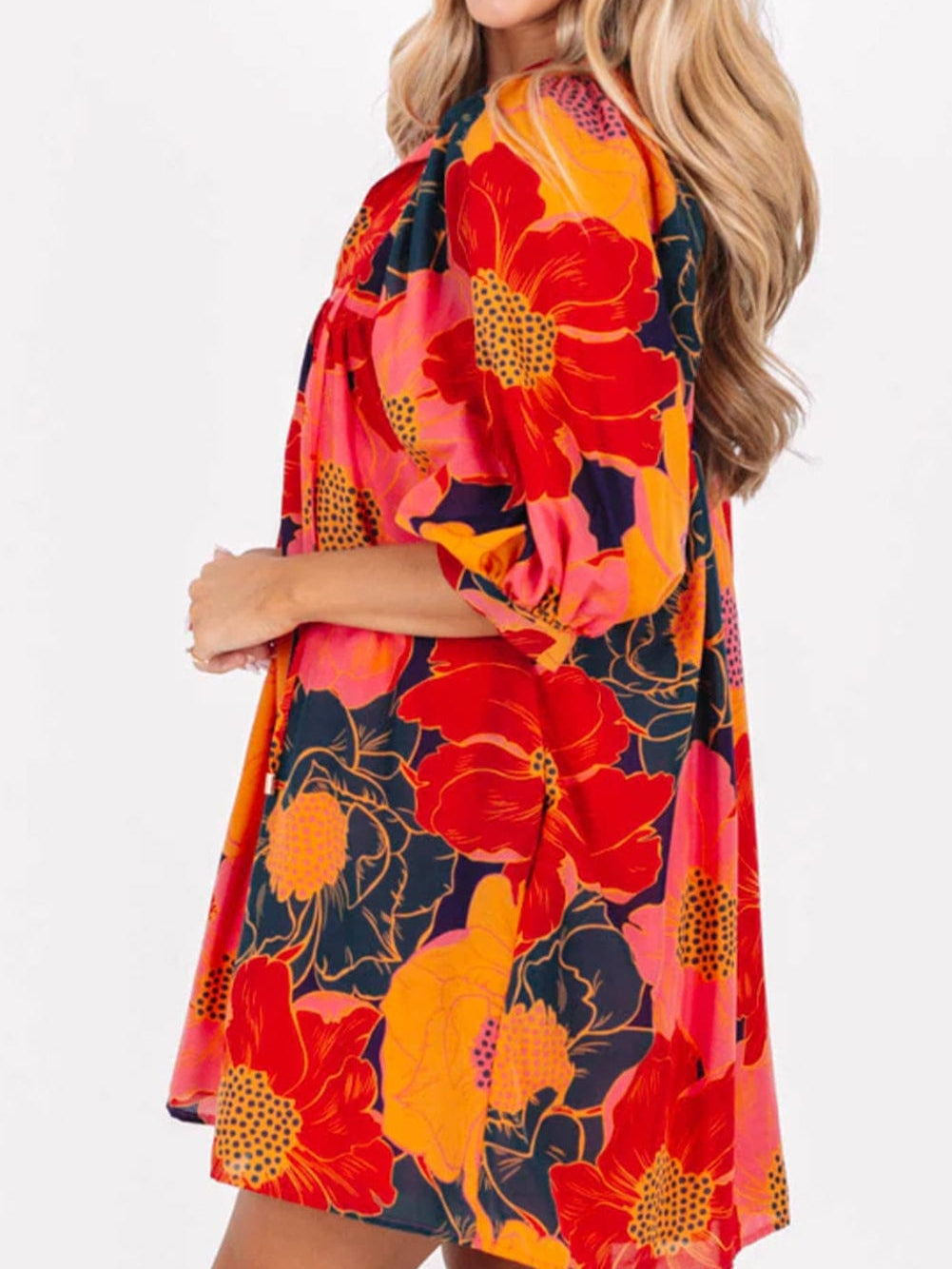 Orange Blooming Blossom 3/4 Sleeve Babydoll Mini Dress