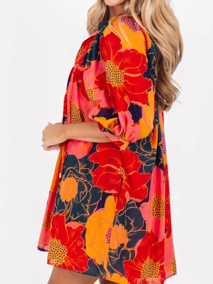 Orange Blooming Blossom 3/4 Sleeve Babydoll Mini Dress