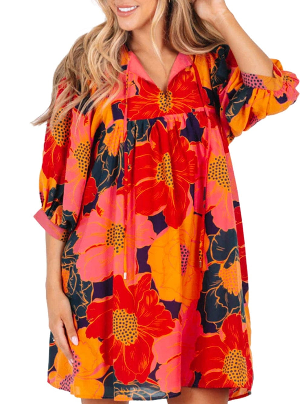 Orange Blooming Blossom 3/4 Sleeve Babydoll Mini Dress