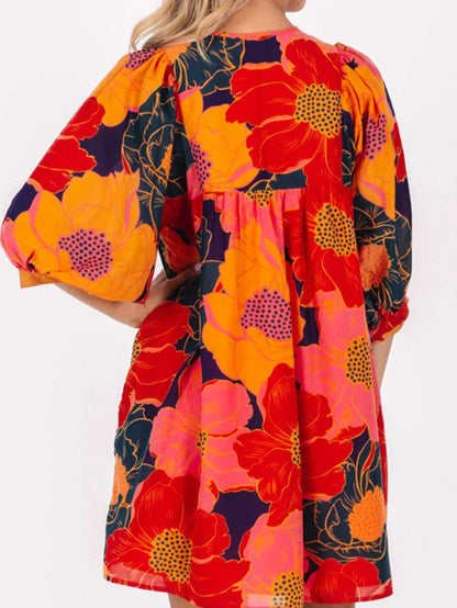 Orange Blooming Blossom 3/4 Sleeve Babydoll Mini Dress