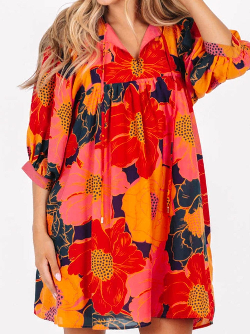 Orange Blooming Blossom 3/4 Sleeve Babydoll Mini Dress