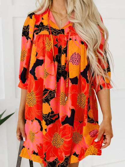 Orange Blooming Blossom 3/4 Sleeve Babydoll Mini Dress