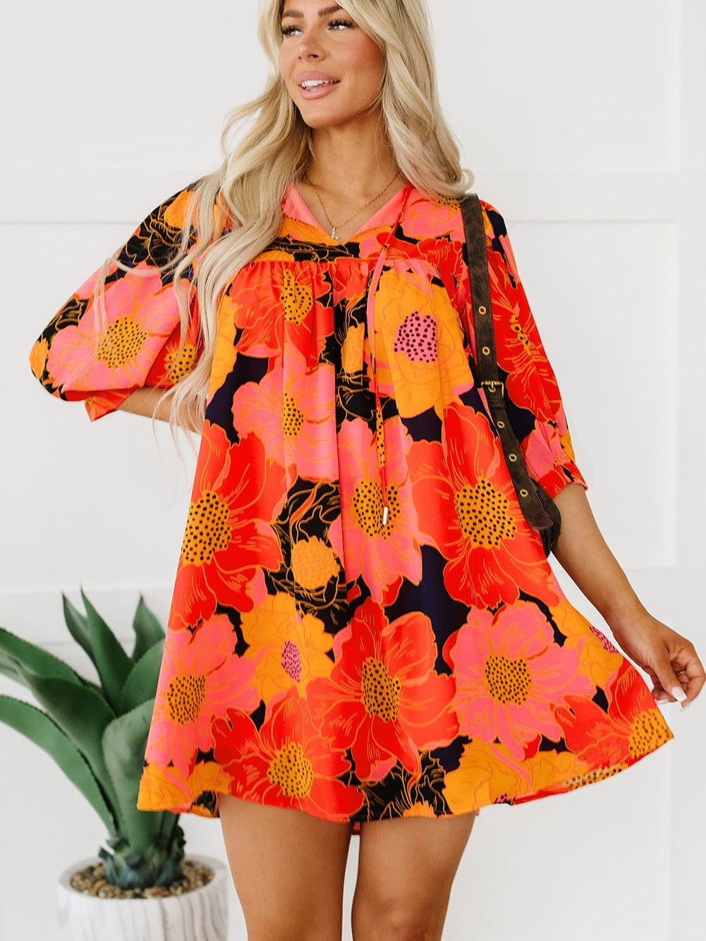 Orange Blooming Blossom 3/4 Sleeve Babydoll Mini Dress