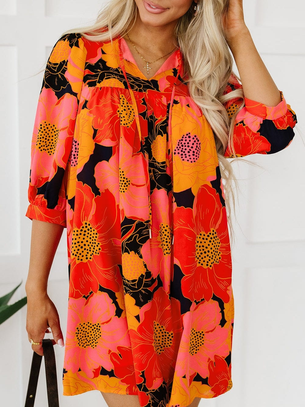 Orange Blooming Blossom 3/4 Sleeve Babydoll Mini Dress