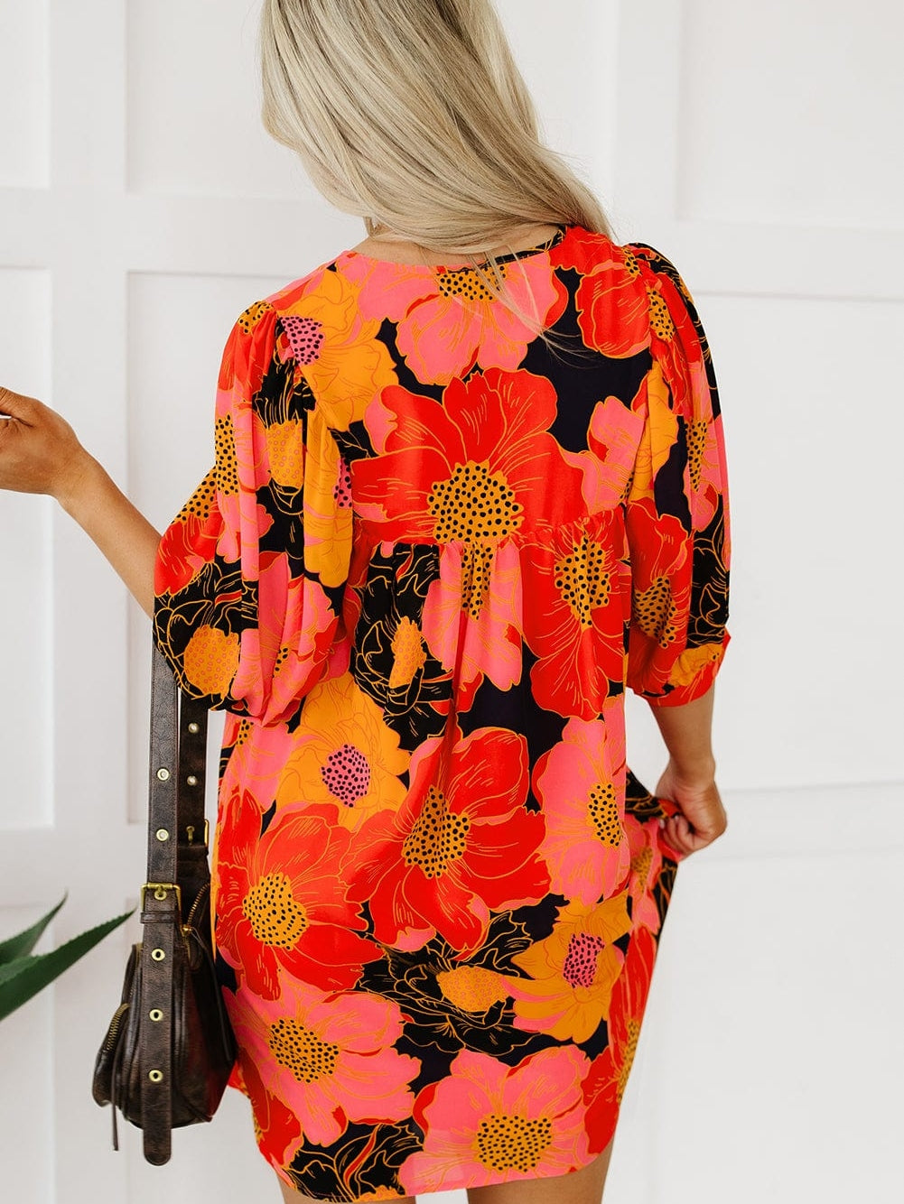 Orange Blooming Blossom 3/4 Sleeve Babydoll Mini Dress