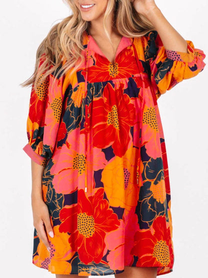 Orange Blooming Blossom 3/4 Sleeve Babydoll Mini Dress