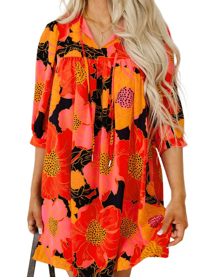 Orange Blooming Blossom 3/4 Sleeve Babydoll Mini Dress