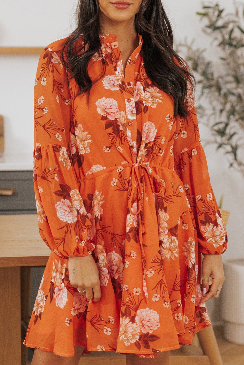 Orange Blooms Drawstring Mini Dress