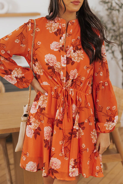 Orange Blooms Drawstring Mini Dress