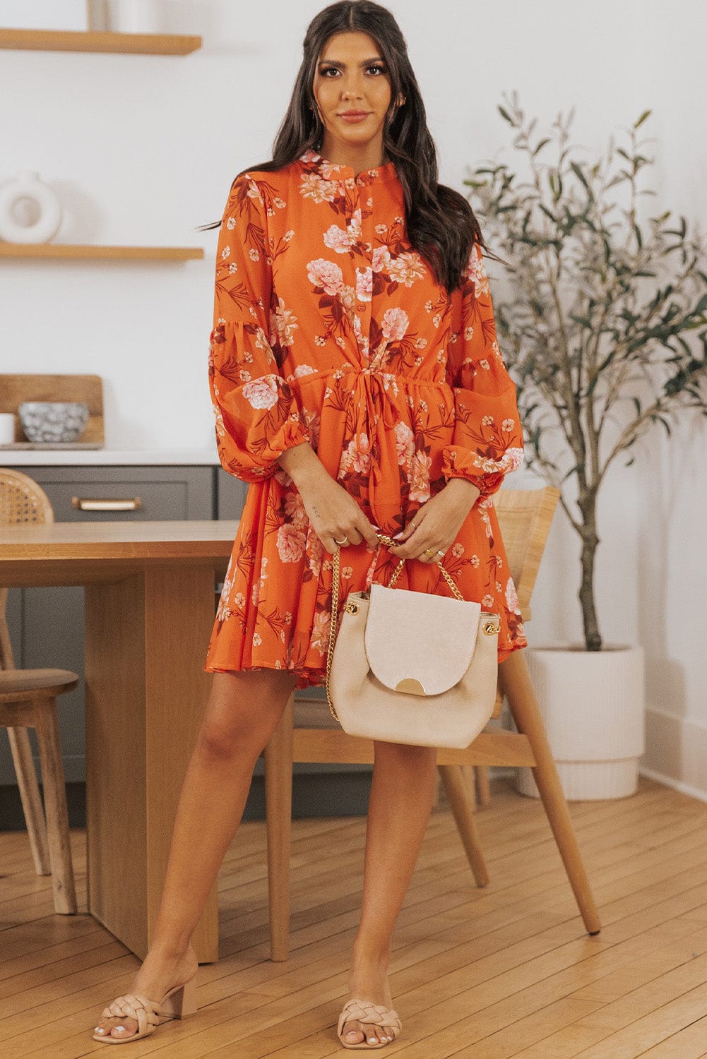 Orange Blooms Drawstring Mini Dress