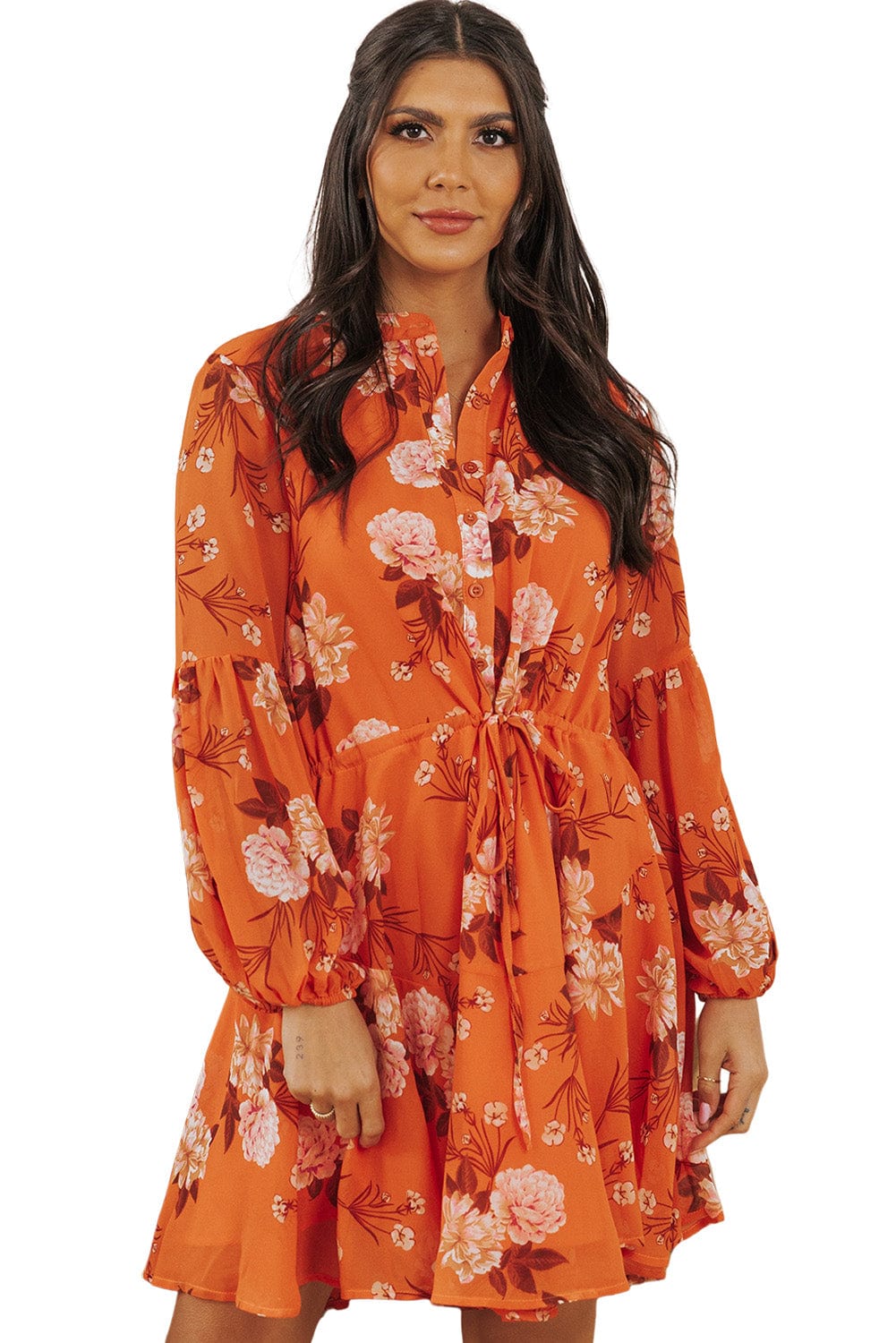 Orange Blooms Drawstring Mini Dress