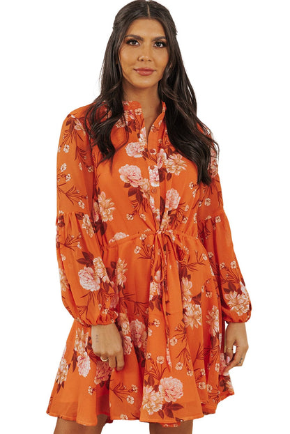 Orange Blooms Drawstring Mini Dress