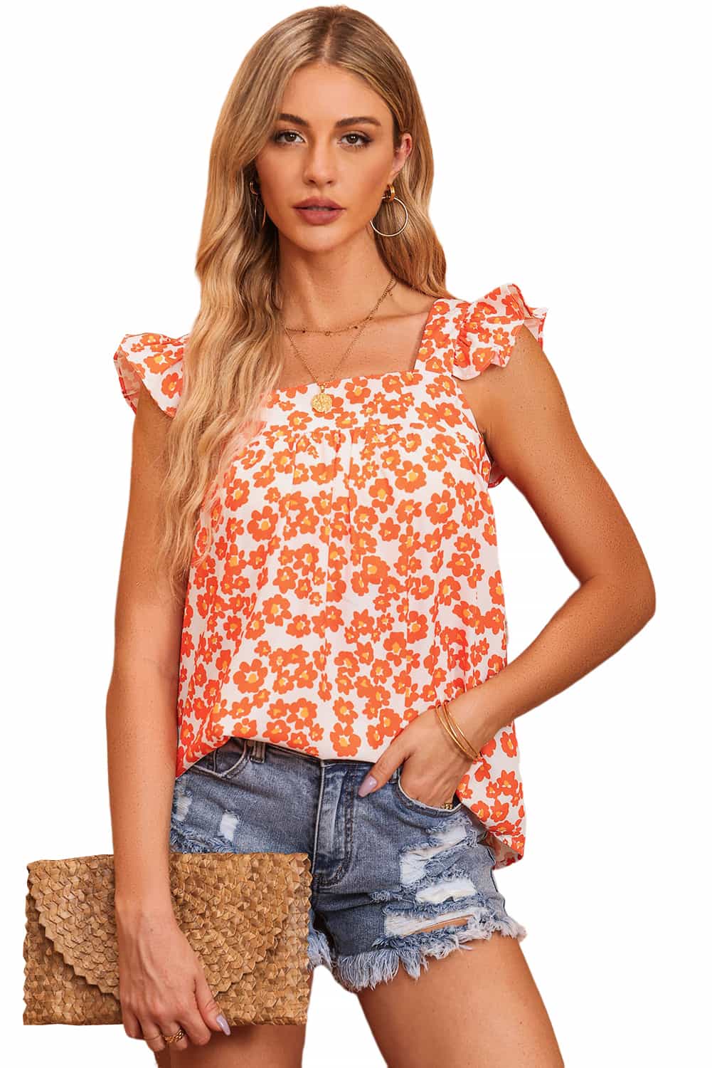 Orange Blossom Square Neck Ruffle Tank Top
