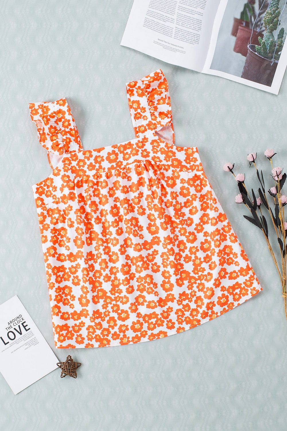 Orange Blossom Square Neck Ruffle Tank Top