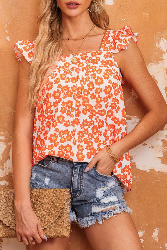 Orange Blossom Square Neck Ruffle Tank Top