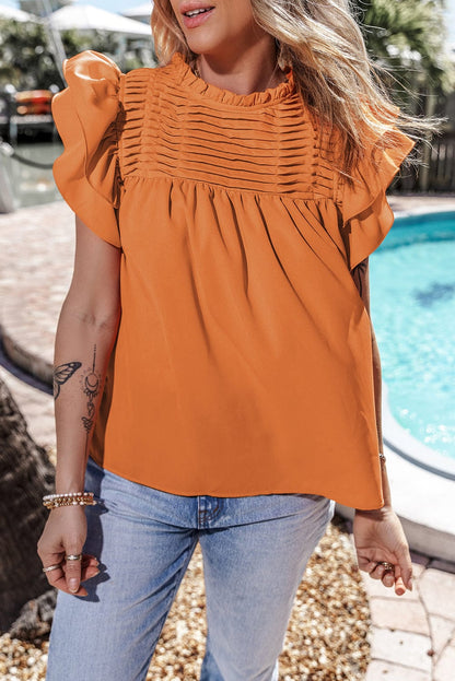 Orange Citrus Flutter Sleeve Smocked Blouse