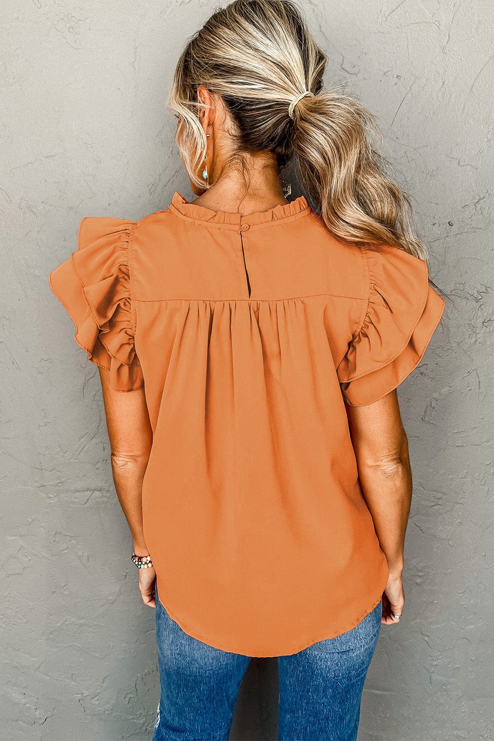 Orange Citrus Flutter Sleeve Smocked Blouse