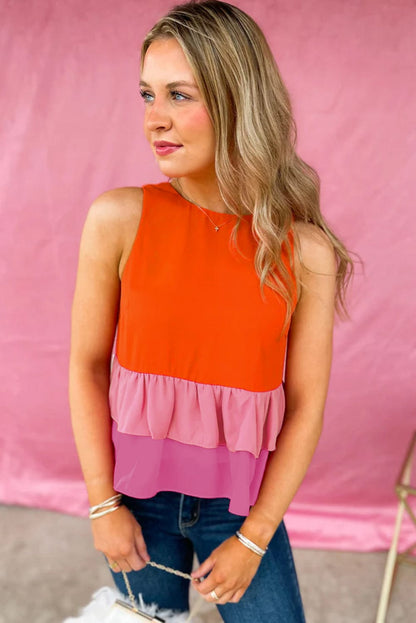 Orange Colorblock Ruffle Hem Sleeveless Tank Top