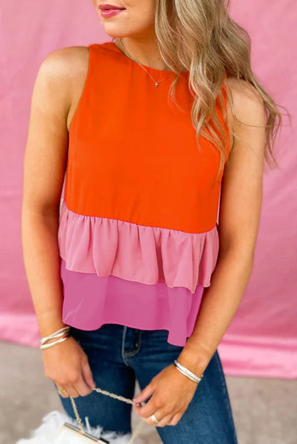 Orange Colorblock Ruffle Hem Sleeveless Tank Top