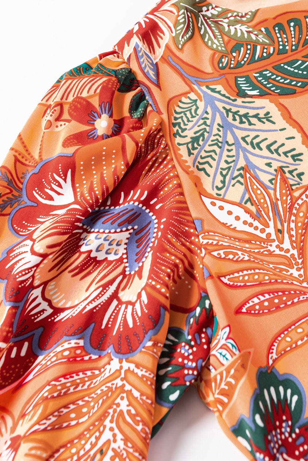 Orange Floral A-Line Dress with Bubble Sleeves and Belt