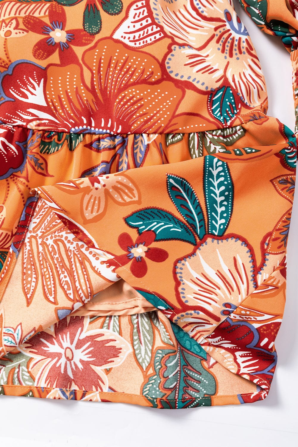 Orange Floral A-Line Dress with Bubble Sleeves and Belt