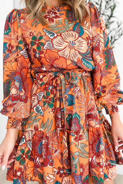 Orange Floral A-Line Dress with Bubble Sleeves and Belt