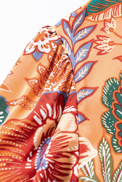 Orange Floral A-Line Dress with Bubble Sleeves and Belt