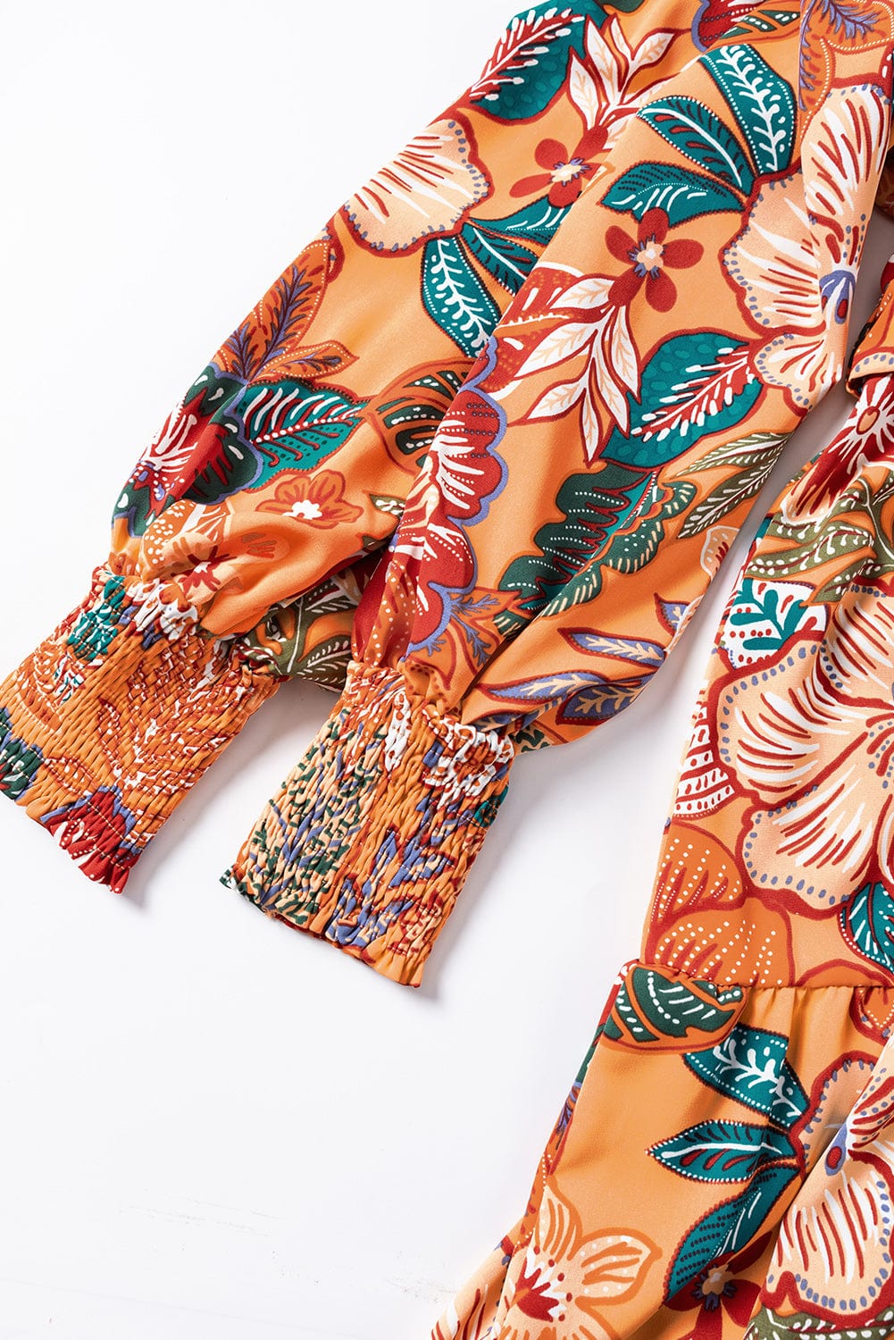 Orange Floral A-Line Dress with Bubble Sleeves and Belt