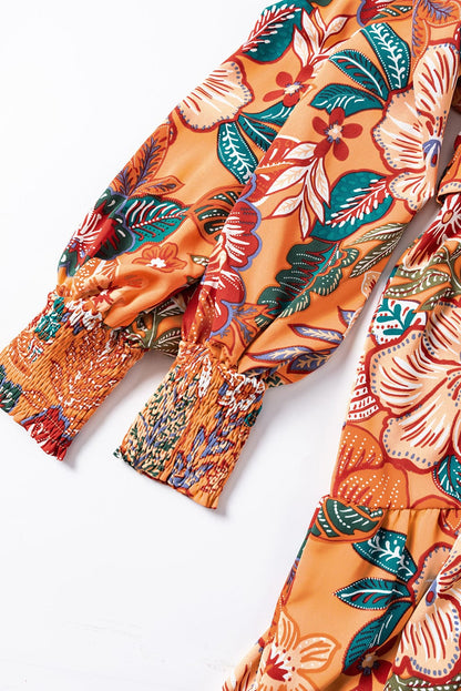 Orange Floral A-Line Dress with Bubble Sleeves and Belt