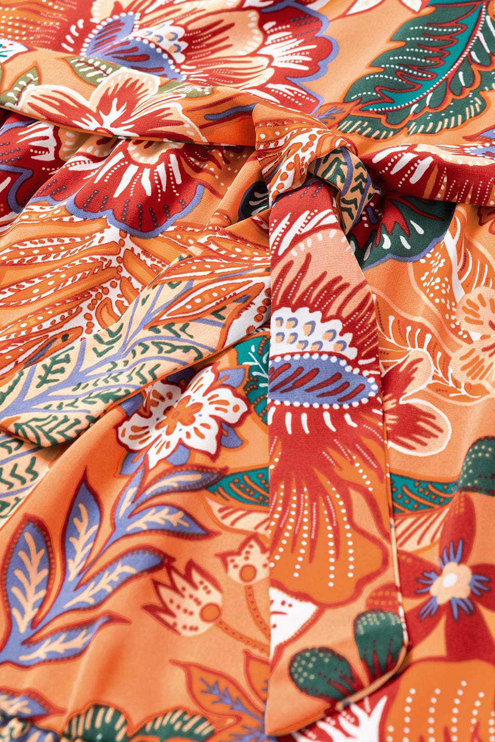 Orange Floral A-Line Dress with Bubble Sleeves and Belt