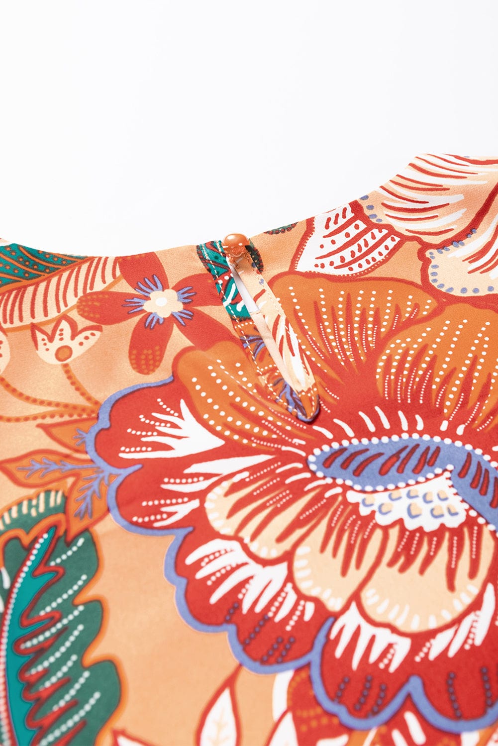 Orange Floral A-Line Dress with Bubble Sleeves and Belt