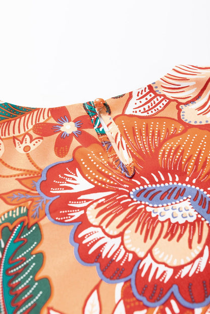 Orange Floral A-Line Dress with Bubble Sleeves and Belt