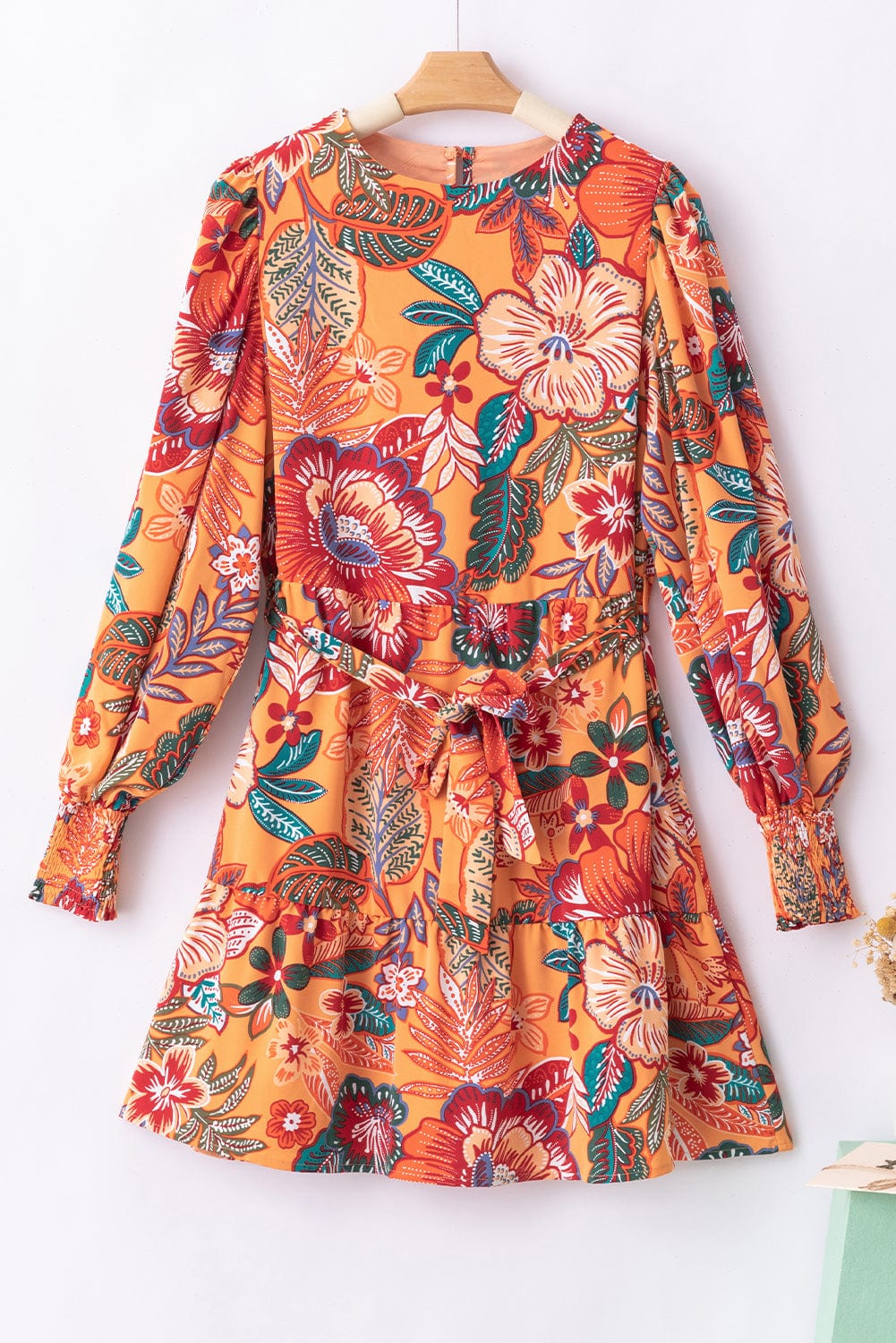 Orange Floral A-Line Dress with Bubble Sleeves and Belt