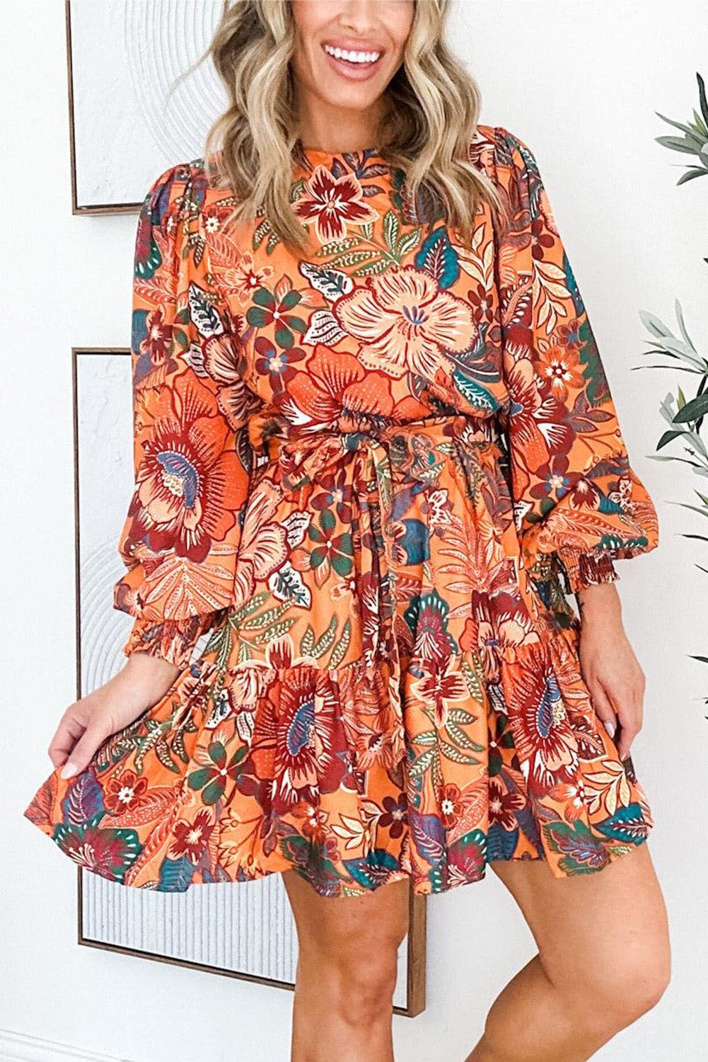 Orange Floral A-Line Dress with Bubble Sleeves and Belt