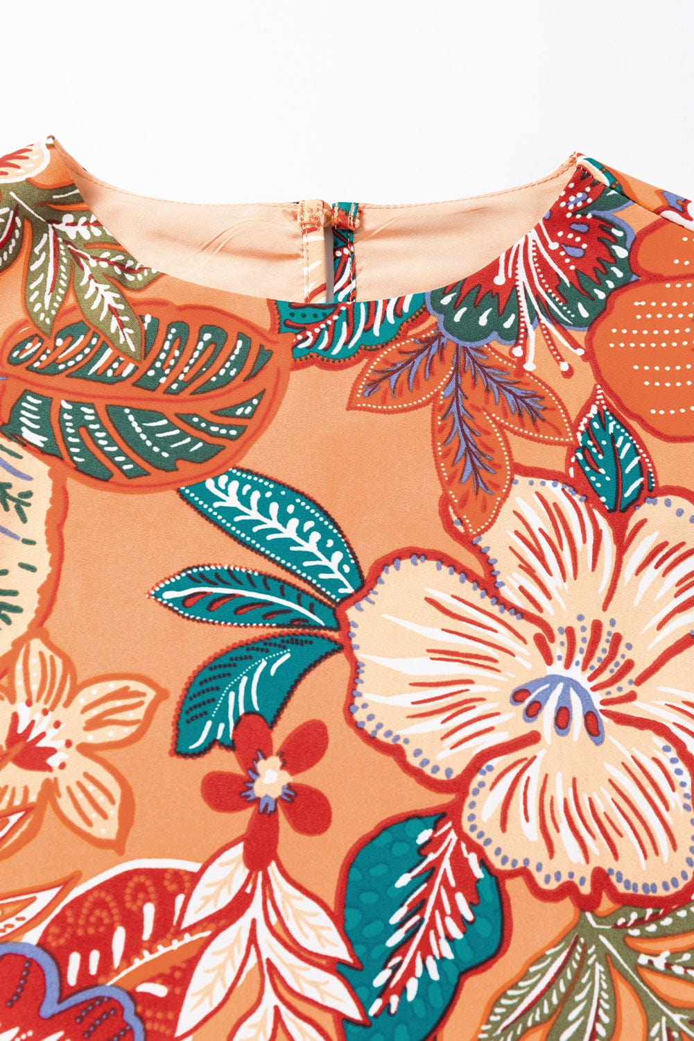 Orange Floral A-Line Dress with Bubble Sleeves and Belt