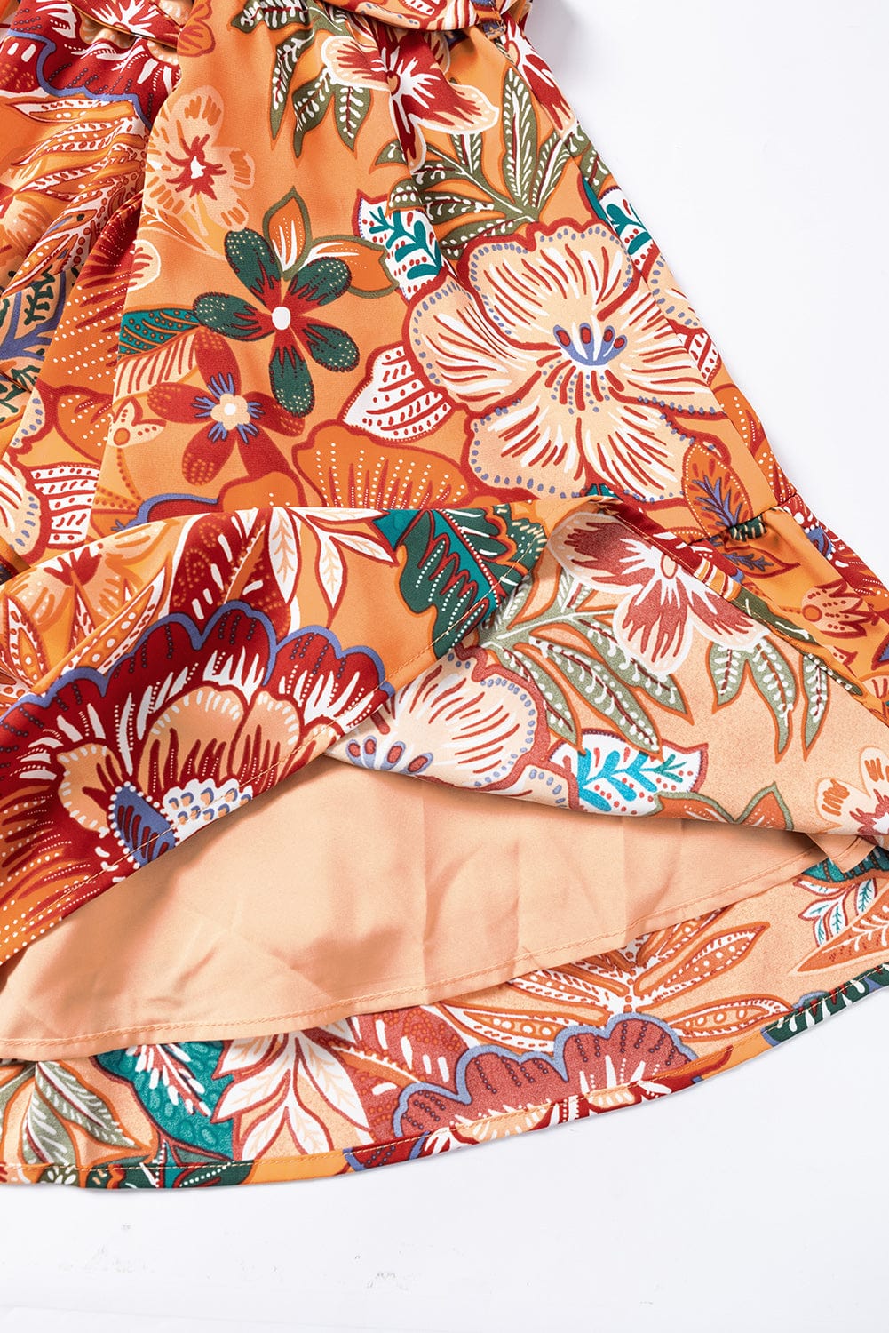 Orange Floral A-Line Dress with Bubble Sleeves and Belt