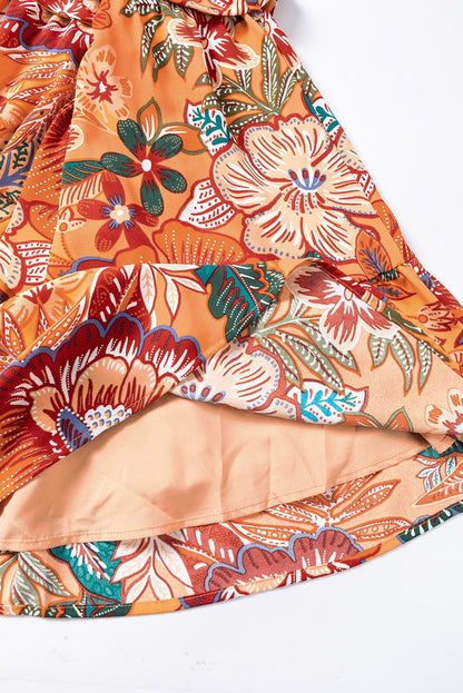 Orange Floral A-Line Dress with Bubble Sleeves and Belt