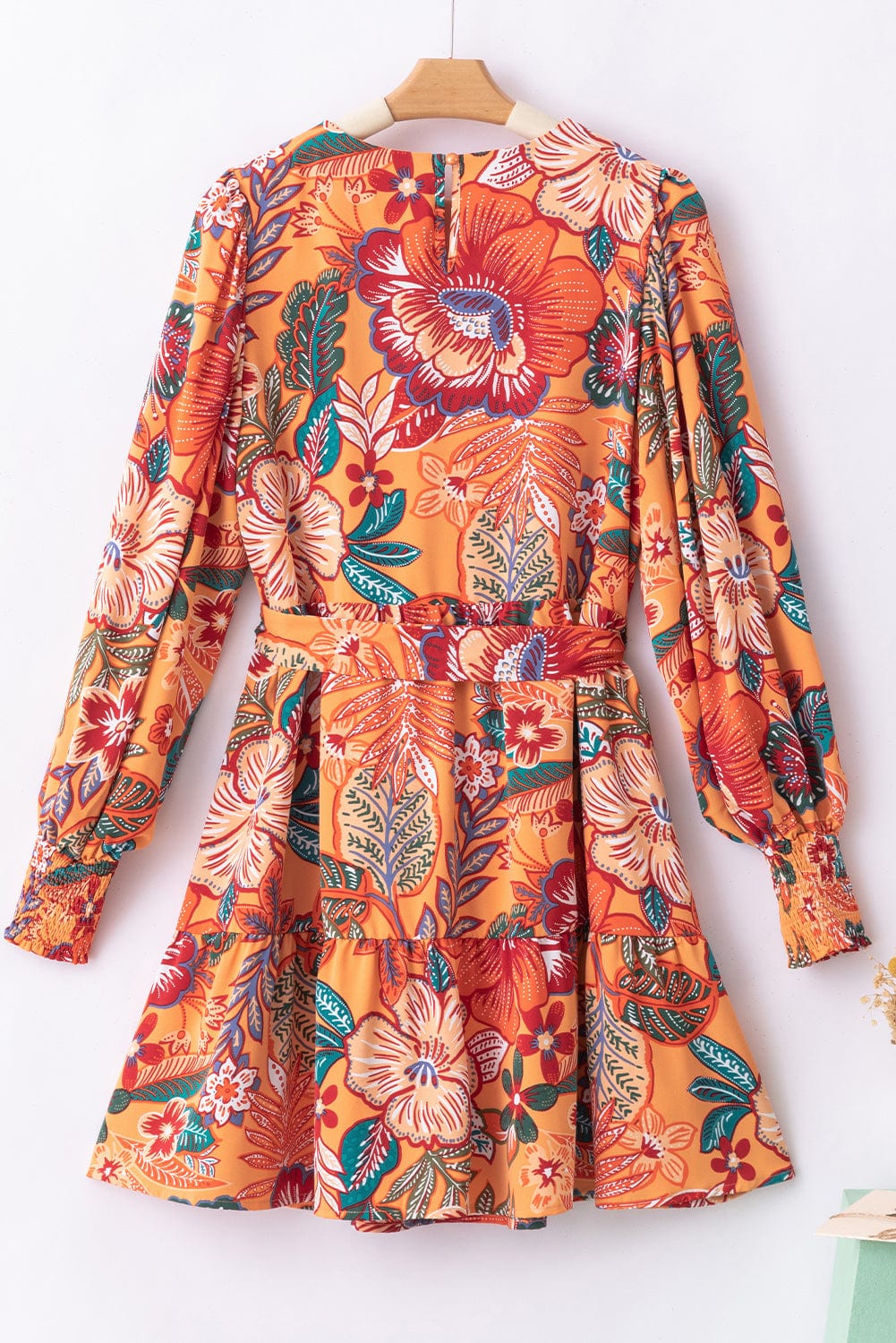 Orange Floral A-Line Dress with Bubble Sleeves and Belt
