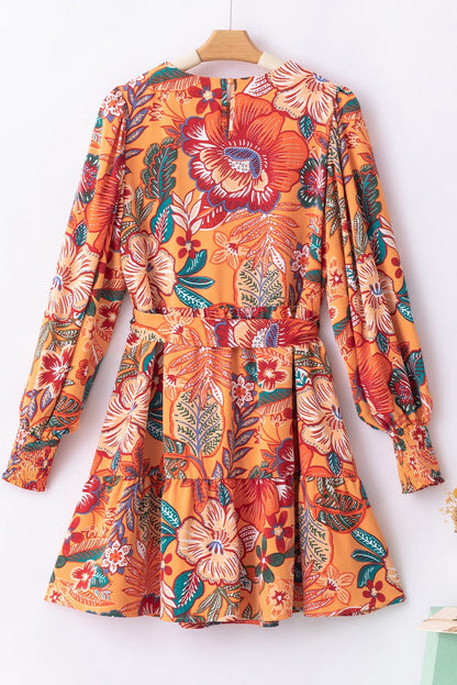 Orange Floral A-Line Dress with Bubble Sleeves and Belt