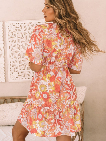 Orange Floral Bohemian Babydoll Dress with Flutter Sleeves