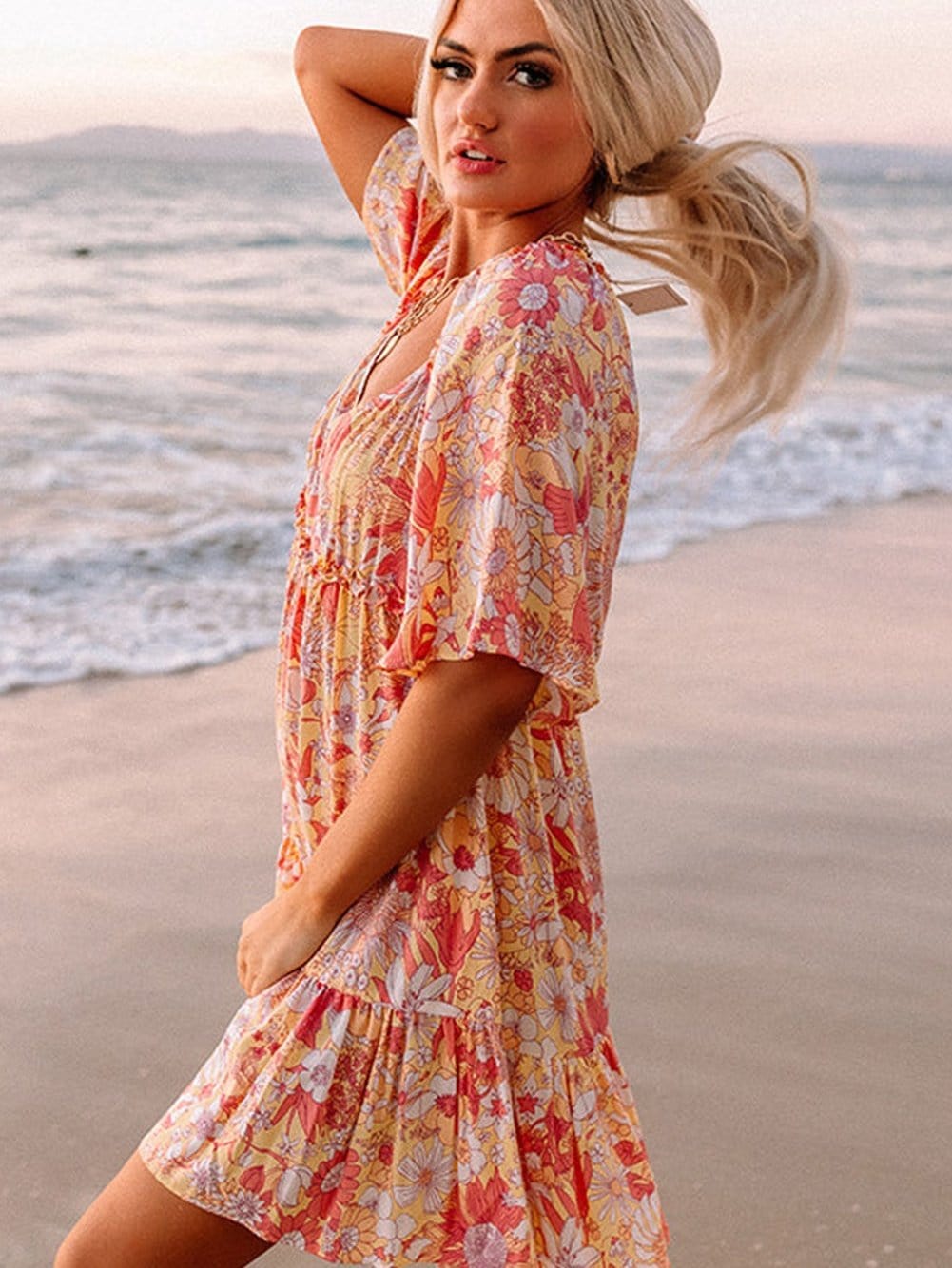 Orange Floral Bohemian Babydoll Dress with Flutter Sleeves