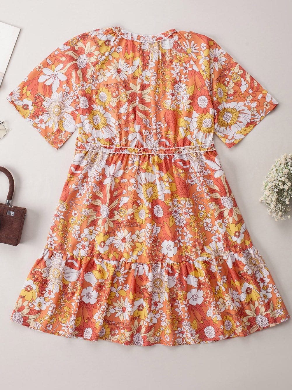 Orange Floral Bohemian Babydoll Dress with Flutter Sleeves