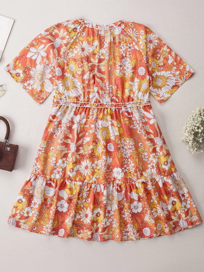 Orange Floral Bohemian Babydoll Dress with Flutter Sleeves