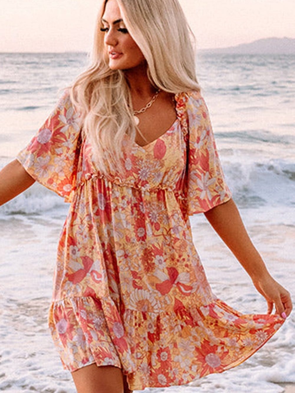 Orange Floral Bohemian Babydoll Dress with Flutter Sleeves