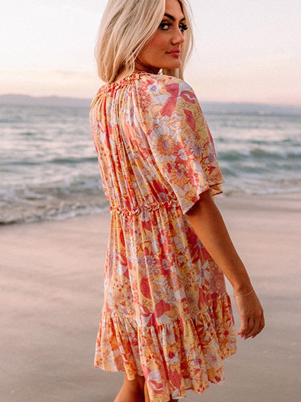 Orange Floral Bohemian Babydoll Dress with Flutter Sleeves